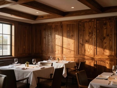 Elegant restaurant dining room featuring rich mahogany wood wall panels and custom ceiling beams, soft warm atmospheric lighting