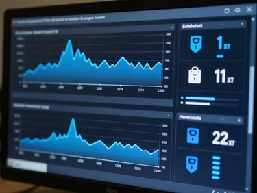 A close-up of a system monitoring dashboard showing real-time network latency graphs and security status indicators in electric blue on a dark screen.