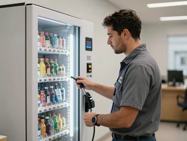 Un técnico profesional de Gozago con uniforme limpio abasteciendo de forma proactiva una máquina vending de última tecnología en un pasillo moderno, luz clara de día, enfoque nítido.