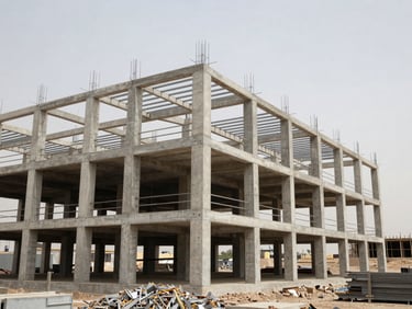 Wide elevated angle of a concrete and steel building frame mid-construction in Oman, overcast natural daylight, exposed structural columns and floor slabs visible across multiple storeys, material stockpile visible at ground level in the foreground