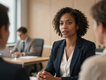A professional female interpreter of Haitian descent in a warm, modern office, engaged in active listening during a consultation, soft natural lighting, medium close-up, respectful environmental portrait.