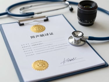 A close-up of a certified medical translation document with an official gold seal and signature, resting on a clean professional desk next to a stethoscope.