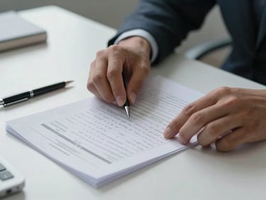 Close-up of hands organizing financial documents on a clean desk under cool office daylight, a pen resting beside a printed spreadsheet, no faces visible