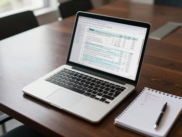 Overhead view of a laptop screen displaying a tax return on a polished conference table, a notepad with handwritten figures beside it, natural window light from the left