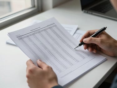 Close-up of hands reviewing multi-page financial spreadsheets on a clean desk in a Dallas office, natural window light from the left, columns of numbers visible, a pen resting on the page
