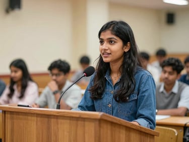 A young woman speaking confidently at a wooden podium during a debate, bright natural Indian daylight, warm editorial photography, 35mm