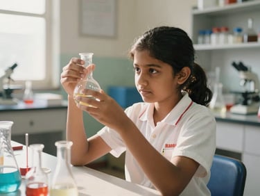A young girl in a modern chemistry lab looking thoughtfully at a flask, bright natural Indian daylight, warm editorial photography, 35mm