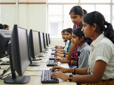 A group of girls collaborating in front of modern computer screens, bright natural Indian daylight, warm editorial photography, 35mm