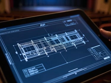 Close-up of a detailed AV design blueprint on a tablet, overlaying a dimly lit auditorium, deep blue and slate tones, sharp focus, 35mm lens.