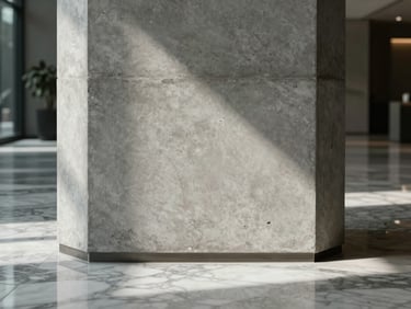 Close-up of a polished concrete column meeting a floor of book-matched marble in a luxury lobby, cool north light raking across the surface revealing texture and grain, no people, architectural stillness