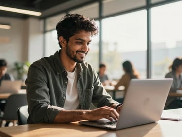Candid medium shot of a determined young Indian professional smiling while working on a laptop in a bright, modern co-working space, warm golden daylight filtering through large windows, highly professional.