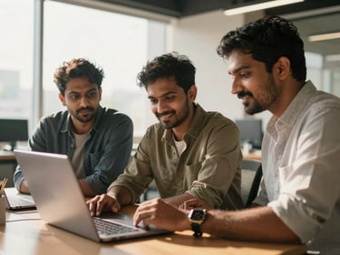 Candid medium shot of three Indian software engineers collaborating around a laptop in a sunlit, modern Bangalore office, natural daylight, warm golden undertones, confident expressions.