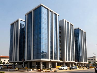 Modern infrastructure project under construction in Kinshasa, clean lines, bright daylight, wide environmental shot.