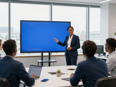 Young Congolese entrepreneurs in a modern workspace collaborating with Canadian mentors on a large screen, bright natural daylight, clean corporate studio lighting, medium shot.