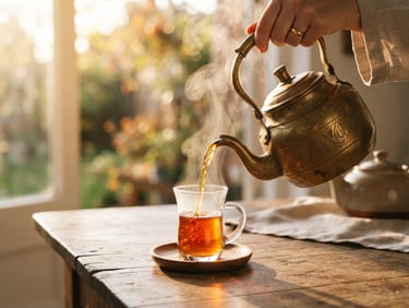 Warm editorial photography of rich amber tea pouring from a steaming brass kettle into a traditional glass, golden-hour window light illuminating the steam, shallow depth of field, 35mm
