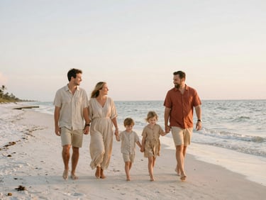 Candid shot of a family walking along the shoreline at Siesta Key, wearing matching sandy beige and terracotta linen outfits, soft sunset light, 35mm film