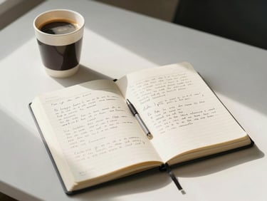 Creator's desk seen from above, a filled journal open to a dense handwritten page, a cold coffee cup to one side, soft north-facing daylight, no hands visible, quiet mid-work stillness