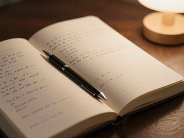 Close-up of a thick notebook splayed open, handwritten notes visible but unreadable, a mechanical pencil resting in the gutter, warm table lamp light from the upper right, dark surroundings