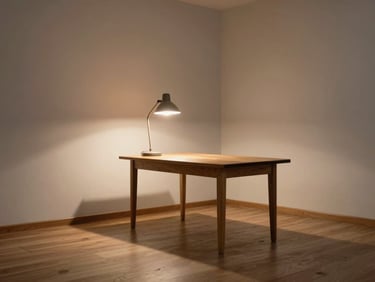 Wide shot of a sparsely furnished reading room, a single lamp on a wooden table casting a warm pool of light, late afternoon shadow extending across bare floorboards, no people, compositionally intentional stillness