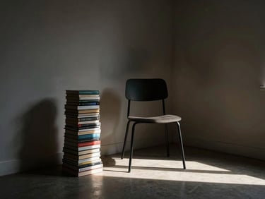 Wide interior shot of a sparse reading corner — a single chair beside a tall stack of books, afternoon light falling diagonally across the floor, the rest of the room in deep shadow, no people