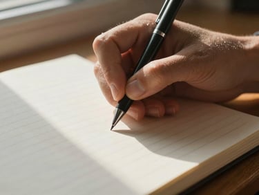 Extreme close-up of hands resting on an open notebook, pen mid-stroke, warm window light raking across ruled paper, shallow depth of field, documentary still frame