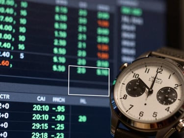 Macro close-up of a high-fidelity dark terminal interface showing pricing vectors, neon-mint data indicators, clean monospace charts, and a vintage chronograph watch overlaid with UI bounding boxes.