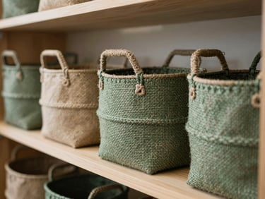 Stylized shot of handcrafted jute storage baskets on a clean wooden shelf, soft natural side-light, shallow depth of field, muted forest green and beige tones.