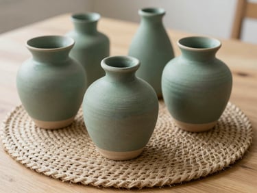 Styled shot of handcrafted ceramic vases and a woven jute placemat on a light wooden table, soft diffused natural light highlighting textures, muted forest green and beige tones, shallow depth of field, 35mm