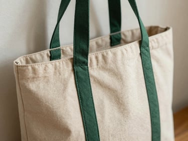 Close-up of a stylish, structured tote bag made from organic cotton, forest green accents, displayed in a minimalist interior, soft light.