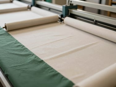 Clean, organized production floor with rolls of sustainable fabric, focus on precision cutting tools, soft natural light.