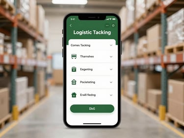 A modern smartphone screen displaying a logistics tracking interface, with a blurred background of a clean warehouse, soft diffused light