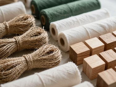 Arrangement of raw sustainable materials: bundles of natural jute fibers, rolls of organic cotton fabric, and polished wooden blocks, soft natural side-light, muted forest green and beige tones, shallow depth of field, 35mm
