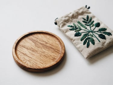 Overhead shot of a handcrafted wooden coaster set and a small, embroidered organic cotton pouch on a clean white surface, soft natural side-light, muted forest green and beige tones, shallow depth of field, 35mm