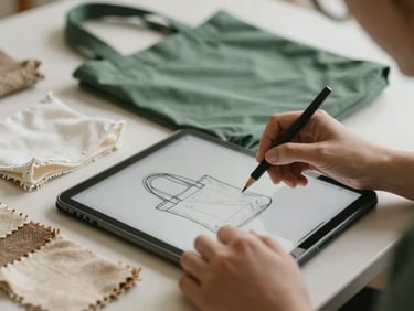 Close-up of a designer's hands sketching a tote bag design on a tablet, with swatches of organic cotton and jute fabrics nearby, soft diffused natural light, muted forest green and beige tones, shallow depth of field, 35mm