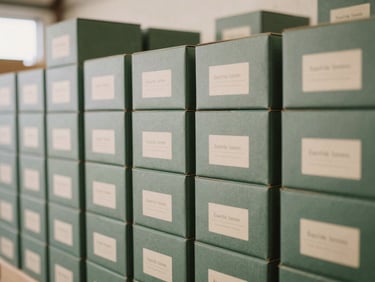 Clean, organized export packaging boxes with subtle, custom brand labels visible, stacked in a modern, well-lit warehouse, soft diffused natural light, muted forest green and beige tones, shallow depth of field, 35mm