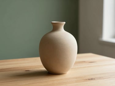 Elegant handcrafted ceramic vase in warm sand beige, placed on a light wood table in a modern interior, diffused daylight.