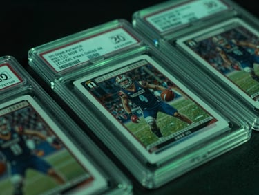 Macro close-up of high-end graded sports and TCG card slabs, sharp directional highlights on clean acrylic cases, neon green ambient glow, 35mm lens