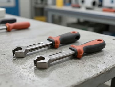 Heavy duty Deli industrial hand tools resting on a clean concrete workspace in an advanced manufacturing facility, structured bright lighting