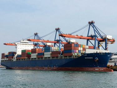 Wide panoramic shot of a modern container terminal and cargo ship at an Indonesian port, clean daylight, structured composition.