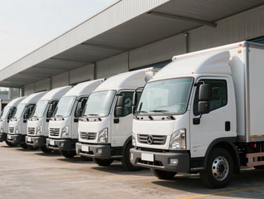 A fleet of clean white delivery trucks lined up at a modern loading dock, bright morning light, professional logistics setting.