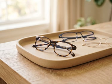 Bright editorial photography of high-quality designer optical frames on a minimalist sand-colored tray, soft window light, shallow depth of field