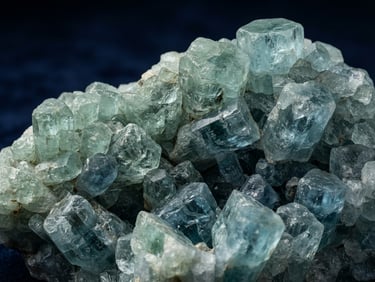 macro studio photography, sharp directional lighting, deep navy background, raw unpolished aquamarine crystal cluster with rich natural textures, 105mm