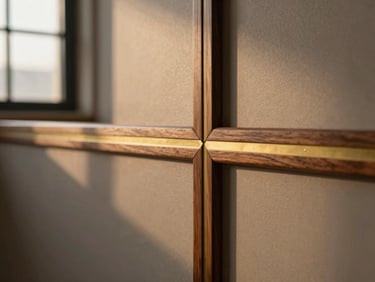 Detailed close-up of a custom walnut wood joint meeting a polished brass inlay on a wall panel, warm side lighting, sharp focus on craftsmanship.