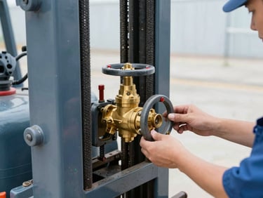 Close-up of a technician connecting a heavy-duty brass valve to a commercial forklift propane cylinder, bright daylight, 35mm