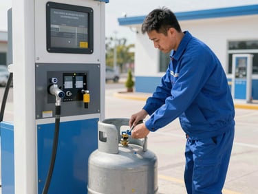 Medium shot of a certified technician refilling a residential propane tank at a modern station under bright daylight, sharp focus