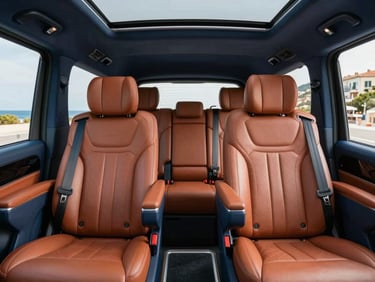 Interior of a premium Mercedes V-Class minivan, clean leather seats, spacious cabin, bright Mediterranean daylight filtering through the window.