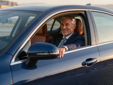 A professional driver in a clean suit opening the door of a premium sedan, warm golden hour light, focus on the driver's welcoming smile.
