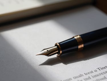 Macro close-up of a premium fountain pen resting on a signed legal document, shallow depth of field, dramatic side window light, bronze accents