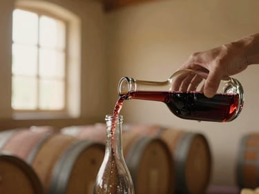 A hand pouring red wine from a traditional glass demijohn into a clear bottle, warm cellar lighting, soft focus