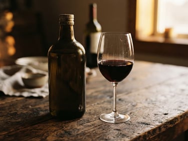Close-up of a dark glass bottle of olive oil and a glass of red wine on a rustic wooden table, warm low-key ambient lighting, shadows, 35mm photography